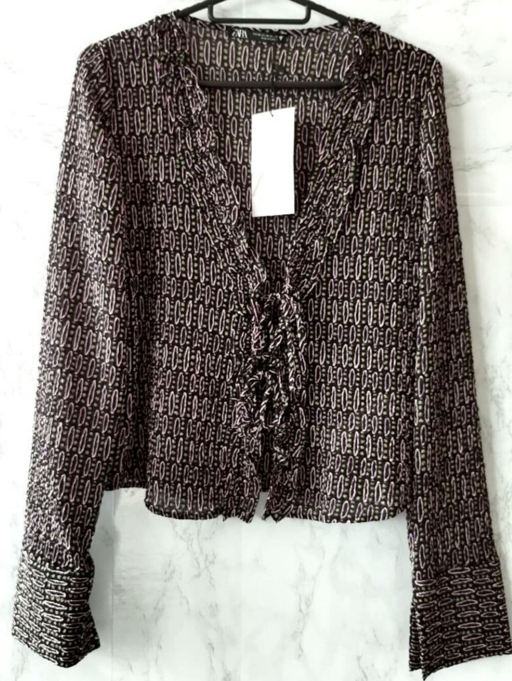 Zara Womens Blouse Medium NWT Patterned Ruffle Tie Front Geometric Top OOP Rare